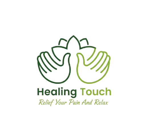 Healing Touch logo with two hands and leaves on a white background
